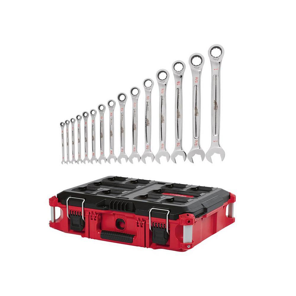 Milwaukee 48-22-9416-48-22-8424 SAE Combination Ratcheting Wrench Set (15-Piece) with PACKOUT 22 in. Tool Box