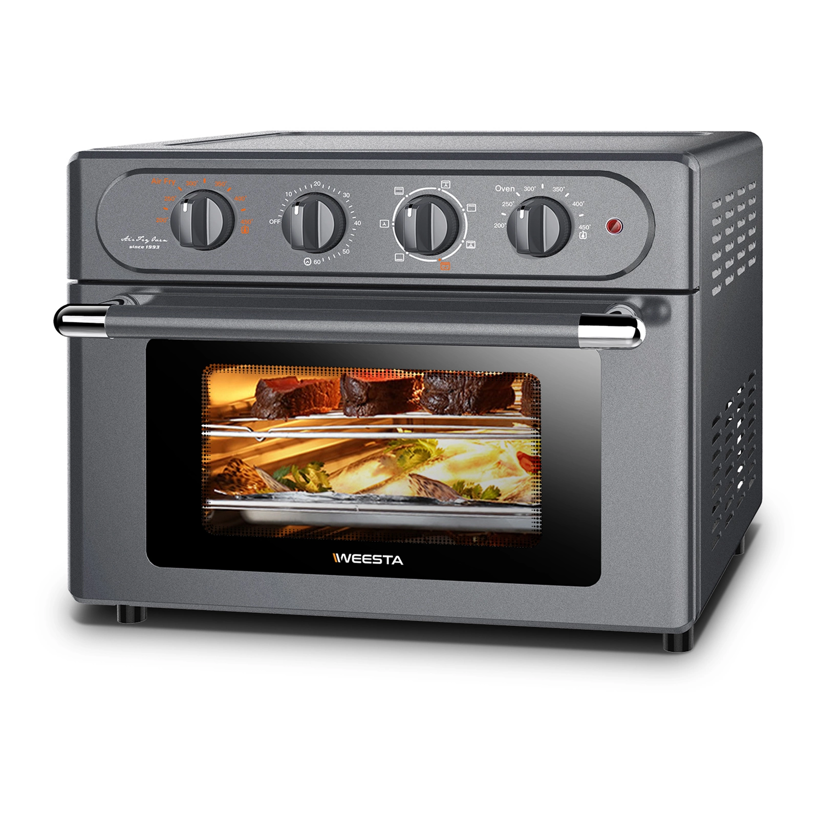 WEESTA Air Fryer Toaster Oven Combo. 24 QT Large Air Fryer. 7-in-1 Convection Toaster Oven with Air Fryer. Roast. Bake. Broil. Reheat. Large Toaster Oven. 5 Accessories & E-Recipes. UL Certified. Up to 450°F. 1500W. Black