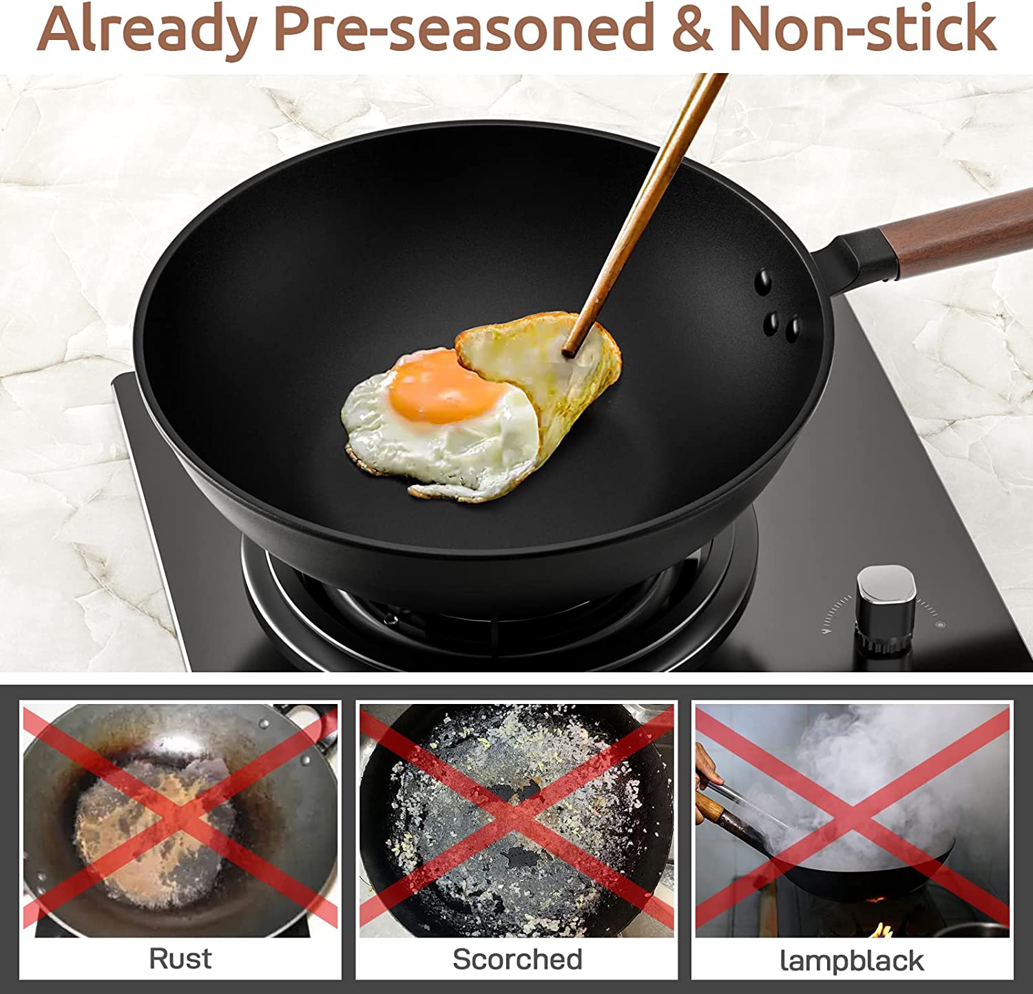 Todlabe Nonstick Wok. 13-Inch Carbon Steel Wok Pan with Lid Woks & Stir-Fry Pans No Chemical Coated Wok with Spatula Flat Bottom Cookware Chinese Wok for Induction. Electric. Gas. Halogen. All Stoves