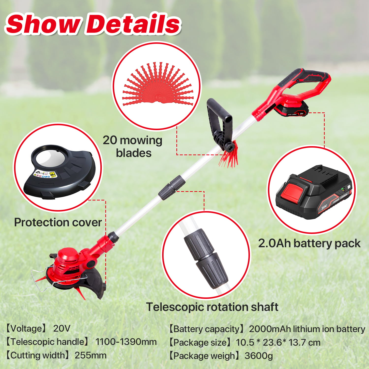 Cordless String Trimmer Electric Weed Eater 20V 10in Weed Wacker Battery Powered with Telescopic Rod 20 Blades & 2.0Ah Battery Pack