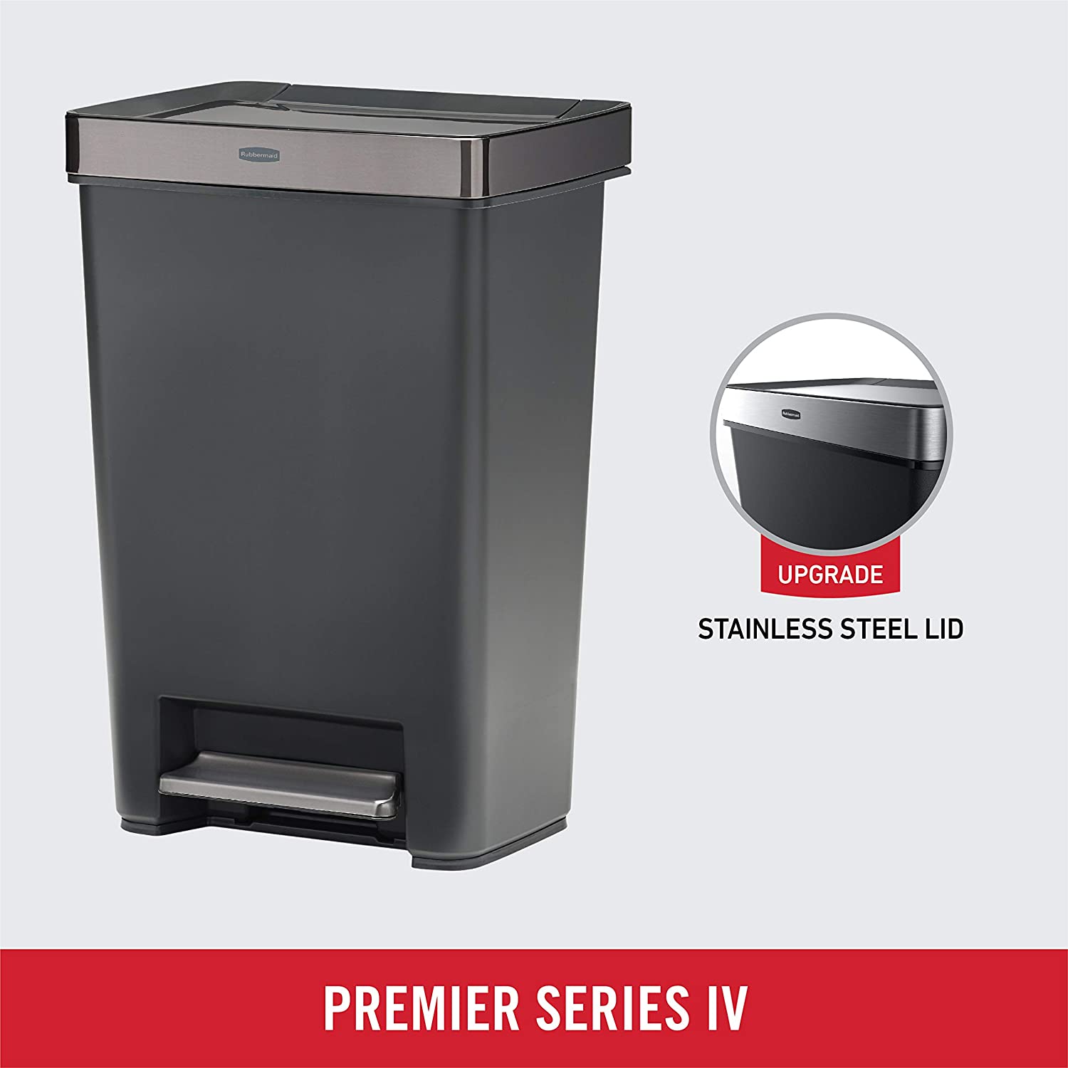 Rubbermaid Premier Series IV Step-On Trash Can for Home and Kitchen. with Stainless Steel Lid. 12.4 Gallon. Charcoal
