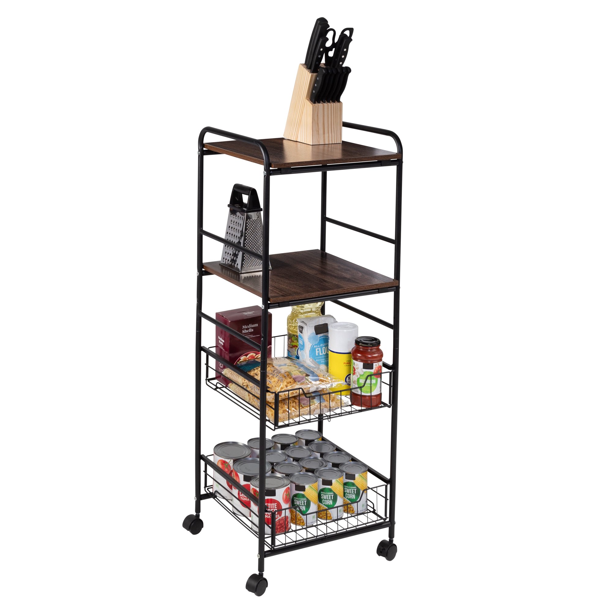 Honey Can Do 4-Tier Rolling Cart With Two Shelves and Two Baskets. Black