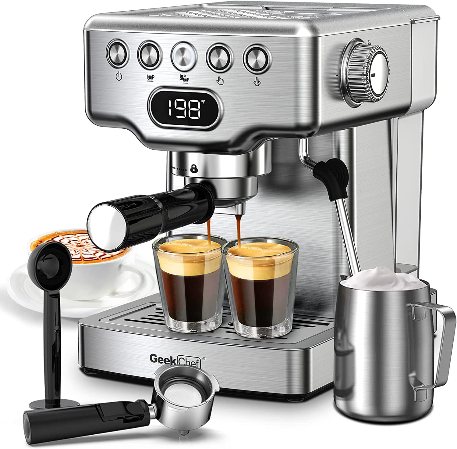 Geek Chef Espresso Machine 20 Bar Maker Coffee Machine 1.5L Water Tank. Stainless Steel. Silver
