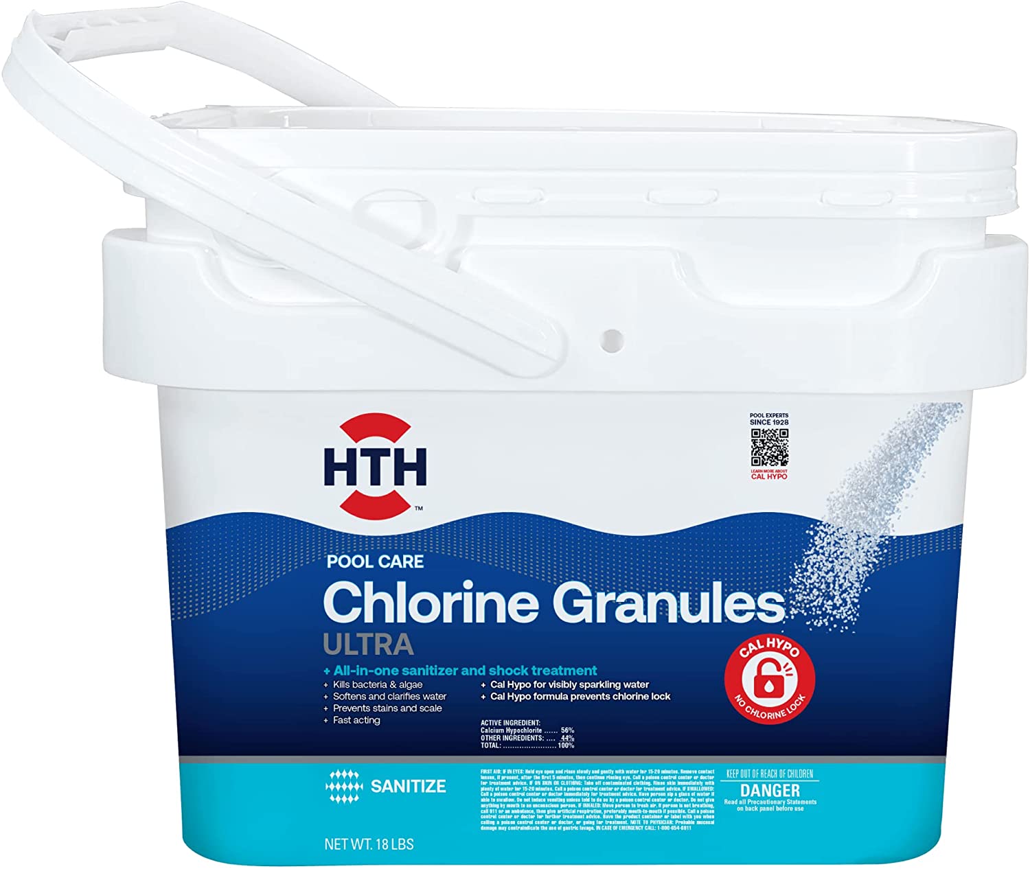 HTH Pool Care Chlorine Granules Ultra. Swimming Pool Chlorinating Sanitizer & Shock. Kills Bacteria & Algae. 18 lbs