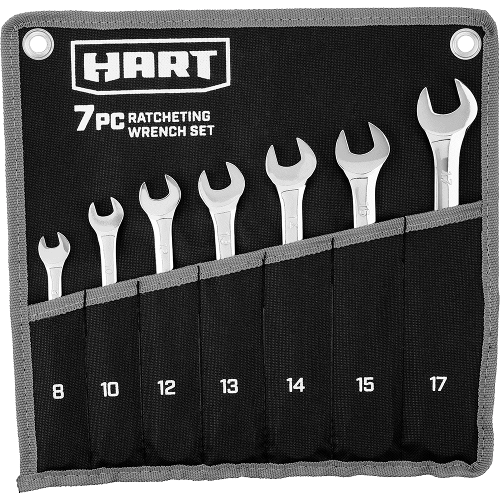 HART 7-Piece MM Ratcheting Wrench Set with Tool Pouch. Chrome Vanadium