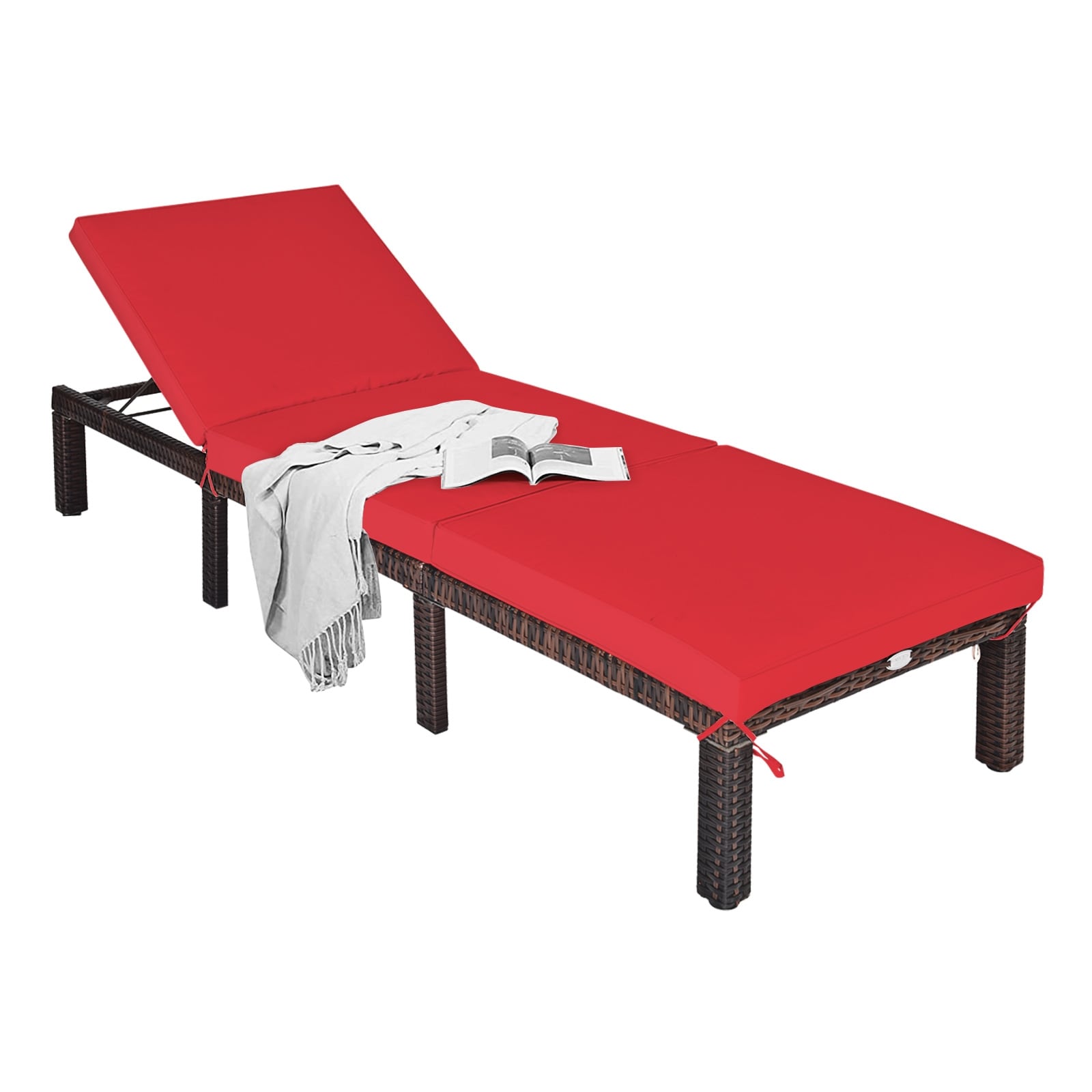 Clihome Outdoor Chairs Rattan Brown Metal Frame Stationary Chaise Lounge Chair(s) with Red Cushioned Seat