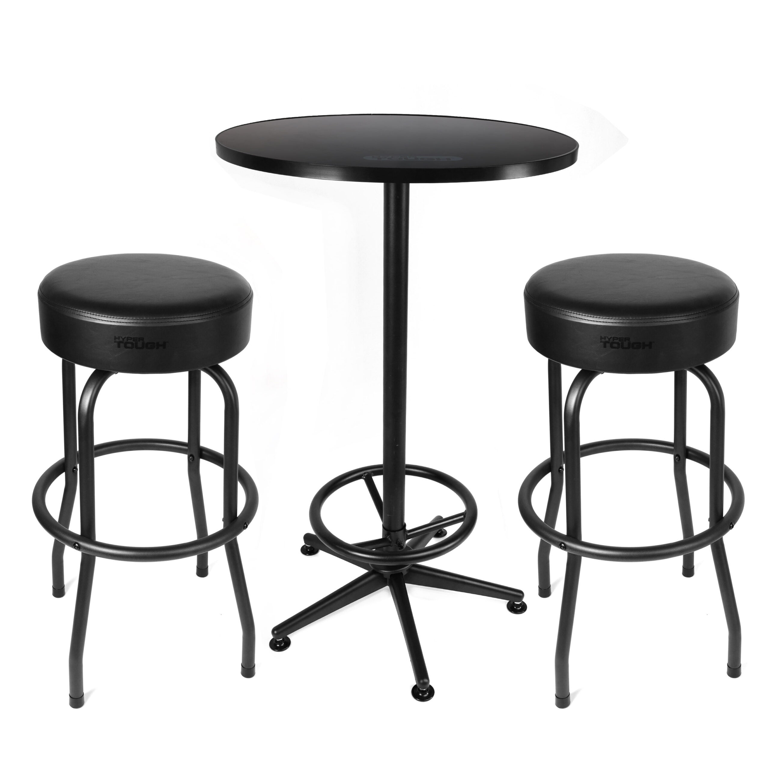 Hyper Tough 3-Piece Shop Pub Table & Bar Stool Set for Game room. Steel. Black