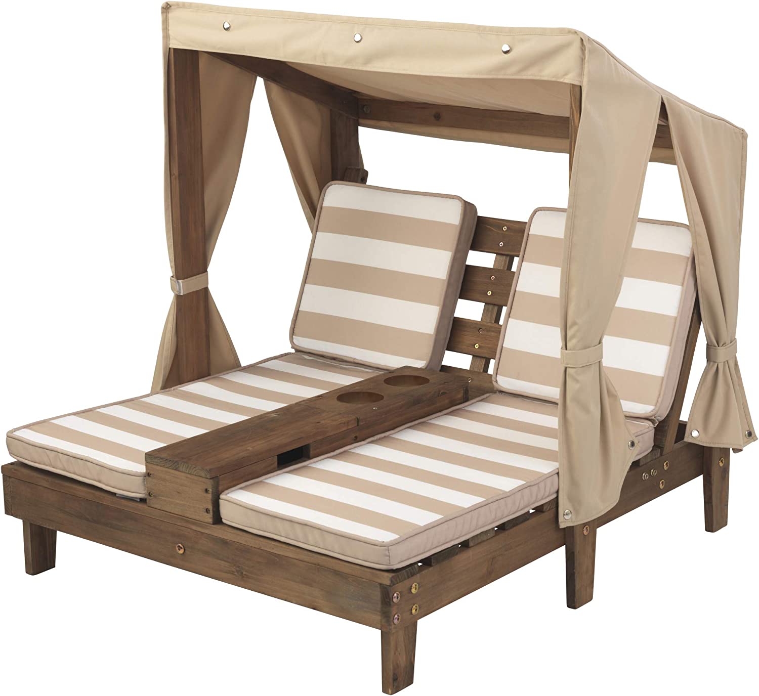 KidKraft Wooden Outdoor Double Chaise Lounge with Cup Holders. Patio Furniture for Kids or Pets. Espresso with Oatmeal and White Striped Fabric