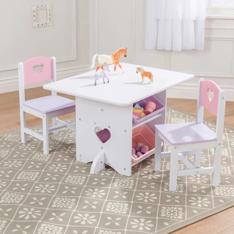 KidKraft Wooden Heart Table & Chair Set with 4 Storage Bins. Children-s Furniture – Pink. Purple & White. Gift for Ages 3-8