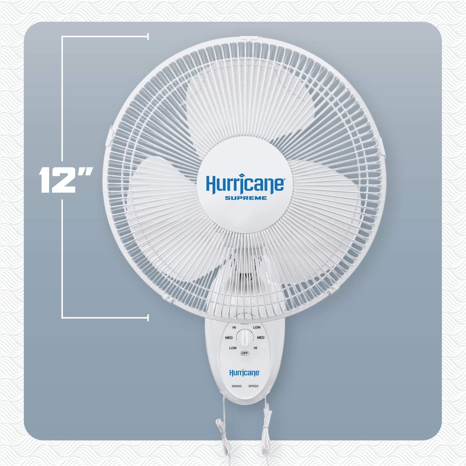 Hurricane Supreme 12 Inch Oscillating Wall Mount Fan with 3 Speed Settings and 90 Degree Oscillation. White