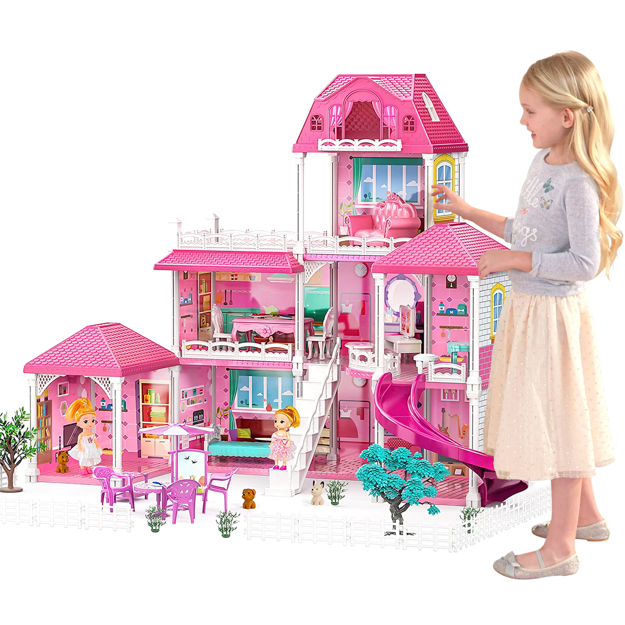 Flooyes Dollhouse 7 Rooms+Yard+Stairs+Slide for Girls. with Doll House Furnitures. Perfect Playhouse for Toddlers Age 3-5