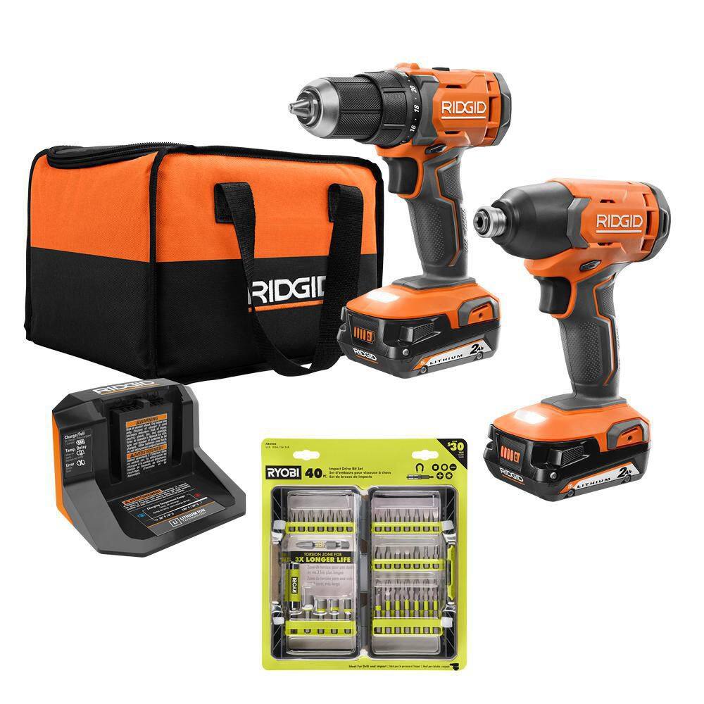 RIDGID R9272-AR2038 18V Cordless 2-Tool Combo Kit with Batteries. Charger. Bag and Impact Rated Driving Kit (40-Piece)