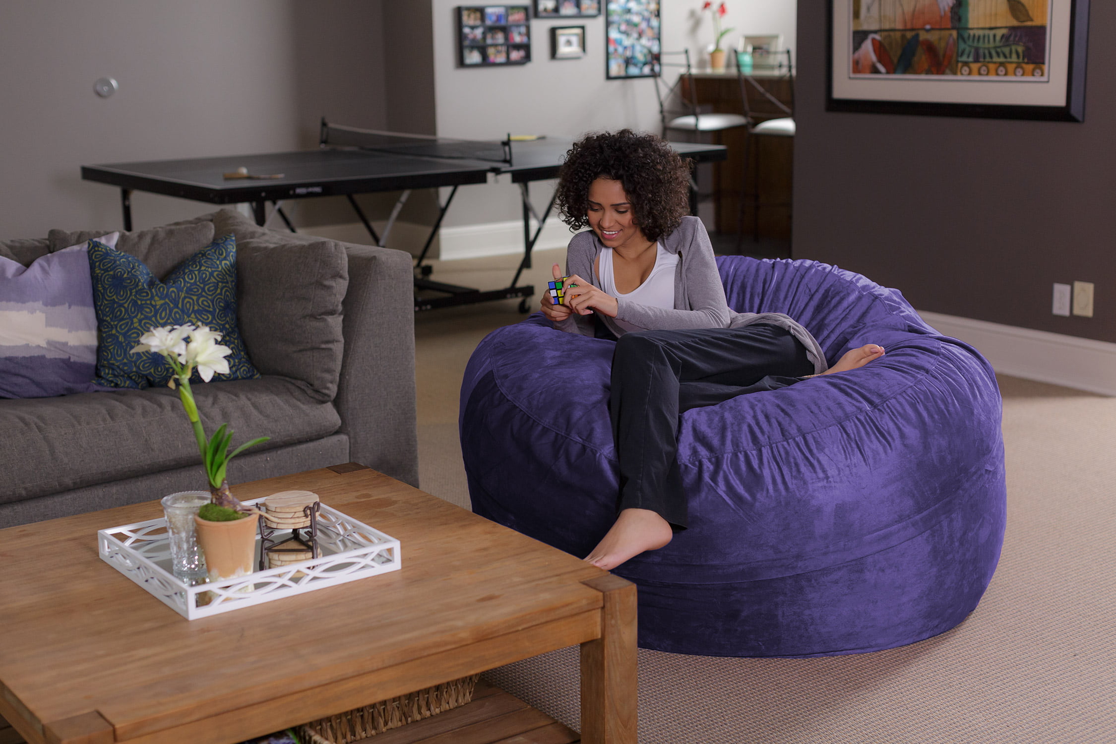 Sofa Sack Bean Bag Chair. Memory Foam Lounger with Microsuede Cover. Kids. Adults. 5 ft. Purple