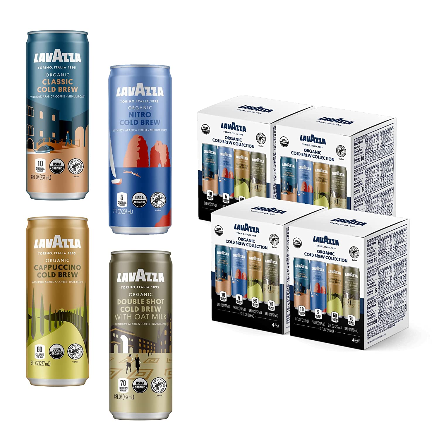 Lavazza Organic Cold Brew Coffee Variety (Pack of 16 Count) Balanced. Complex. Smooth. Fruity. Sweet. Creamy. Medium and Dark Roast. 100% Arabica. USDA Organic and Rainforest Alliance Certified