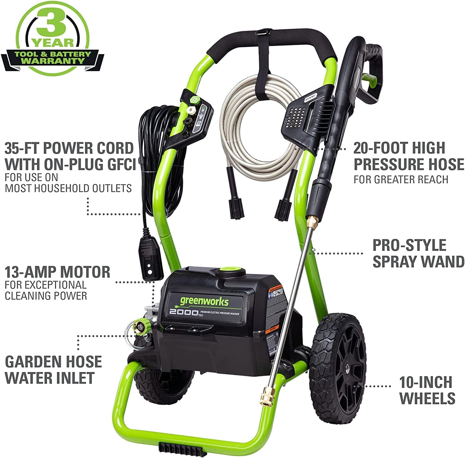 Greenworks 2000 PSI (13 Amp) Electric Pressure Washer (Wheels For Transport / 20 FT Hose / 35 FT Power Cord) Great For Cars. Fences. Patios. Driveways
