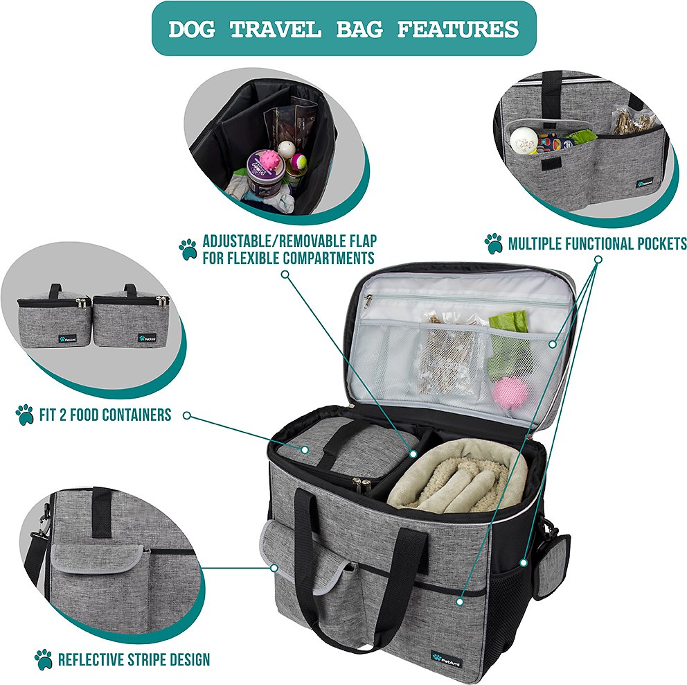 PetAmi Cat & Dog Travel Bag | Food Container Bag and Collapsible Bowl (Grey. Large)