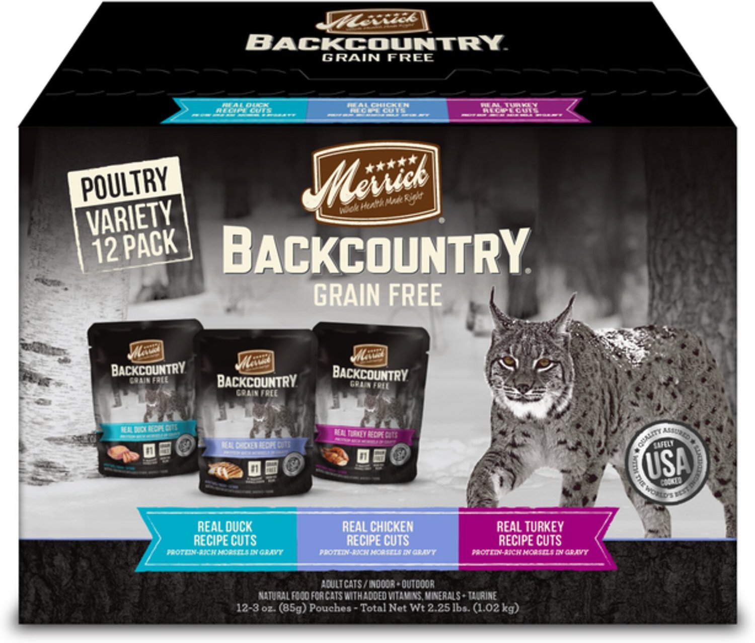 Merrick Backcountry Grain-Free Morsels in Gravy Real Duck. Chicken. Turkey Recipe Cuts Variety Pack Cat Food Pouches