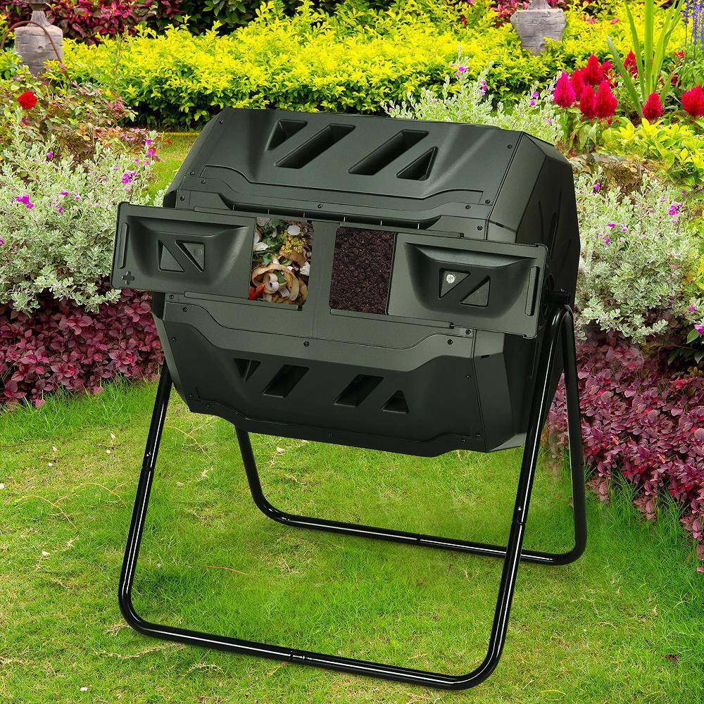 Costway GT3654 43 Gal. Black Composting Tumbler Compost Bin with Dual Rotating Chamber