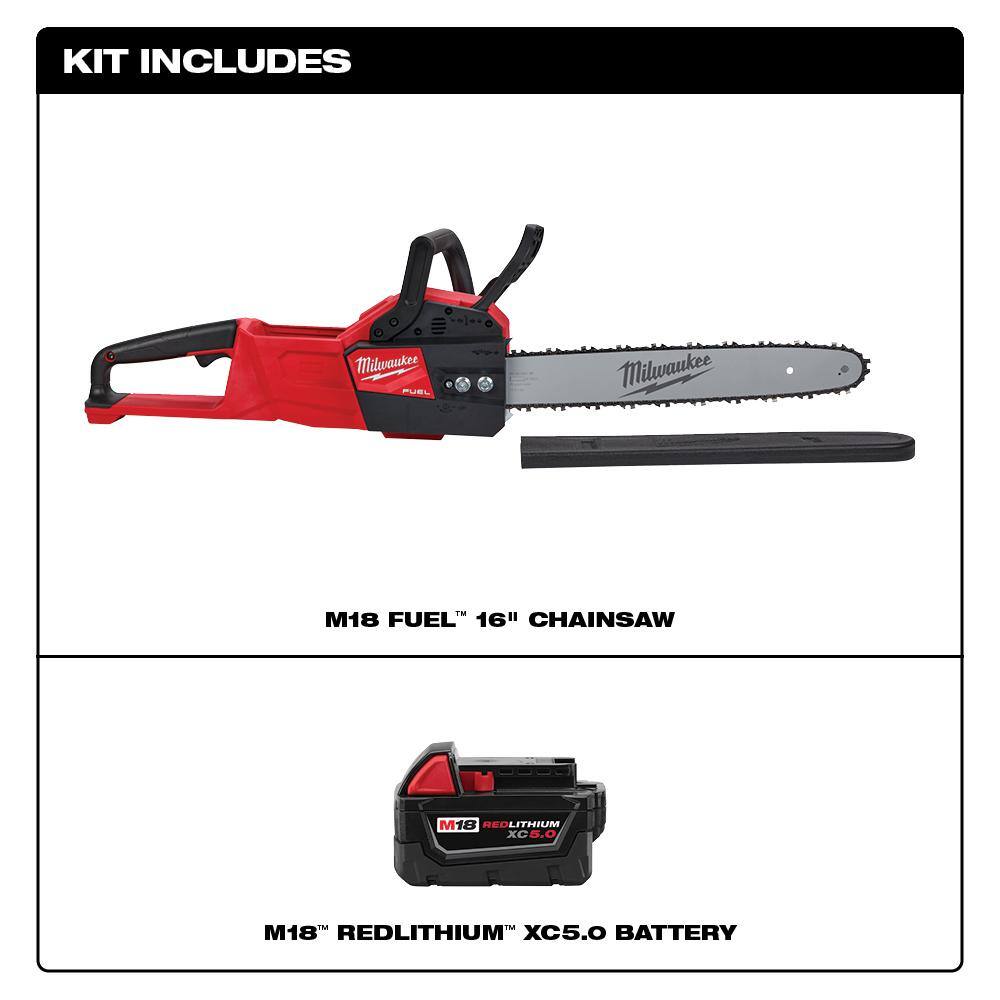 Milwaukee 2727-20-48-11-1850 M18 FUEL 18-Volt Lithium-Ion Brushless Battery 16 in. Chainsaw W/ M18 5.0Ah