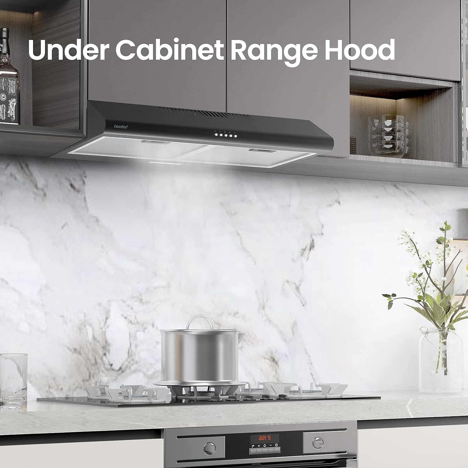 Comfee- Range Hood 30 inch. Under Cabinet Ducted/Ductless Convertible Slim Vent Hood. Durable Stainless Steel Kitchen Stove Hood. 3 Speed Exhaust Fan and 2 LED Lights Range Hood (Black)