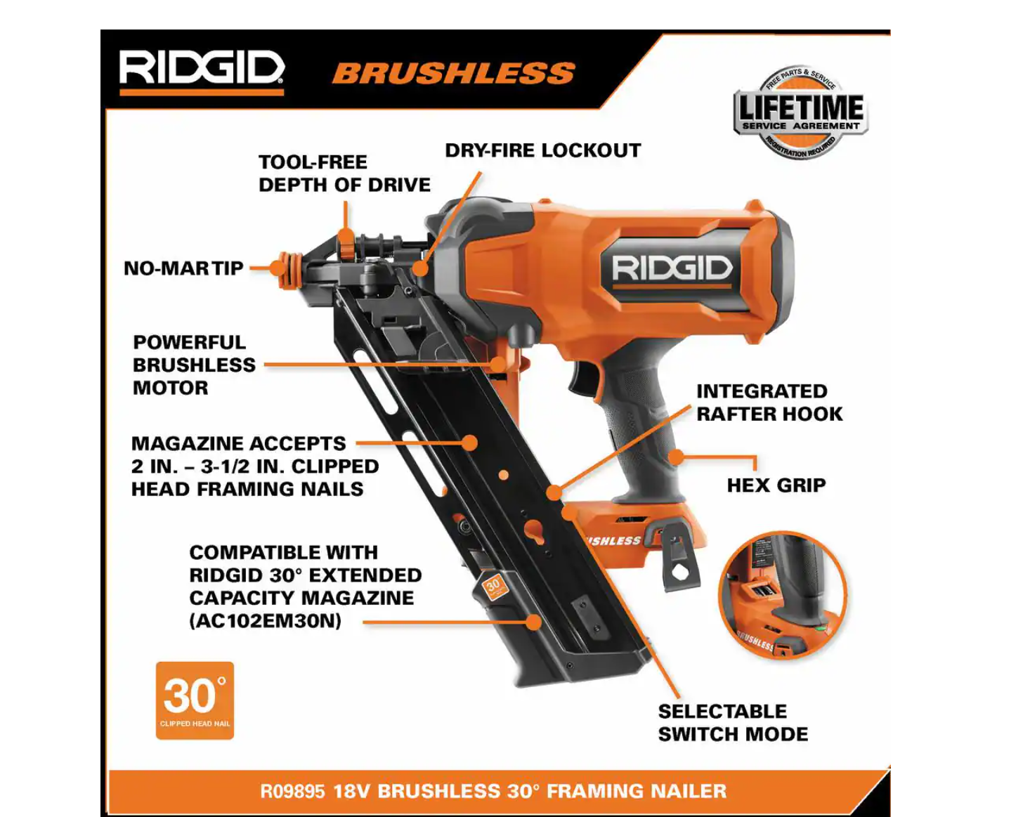 RIDGID R09895B 18V Brushless Cordless 30-Degree 3-1/2 in. Framing Nailer (Tool Only)