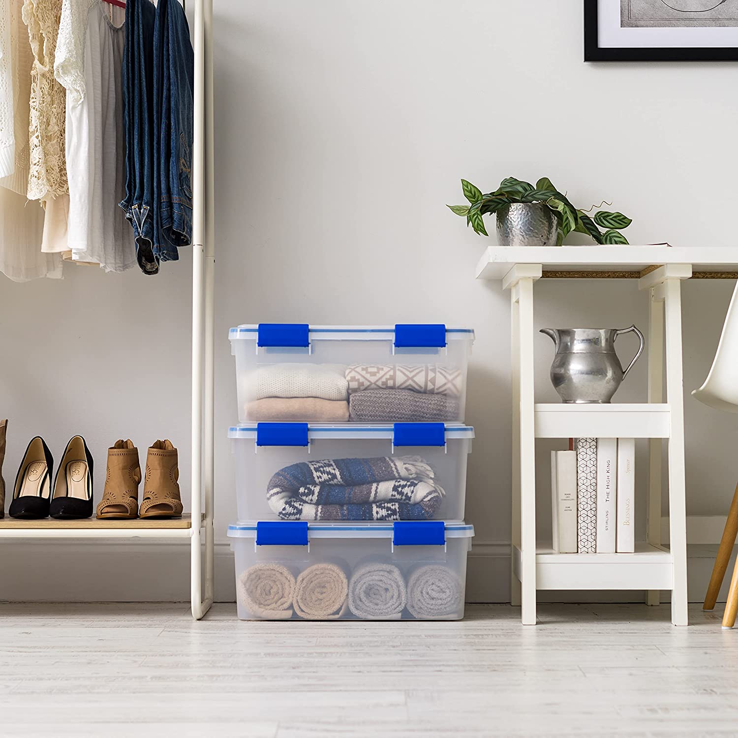 IRIS USA 60 Quart WEATHERPRO Plastic Storage Box with Durable Lid and Seal and Secure Latching. Clear With Blue Buckles. Weathertight. 3 Pack