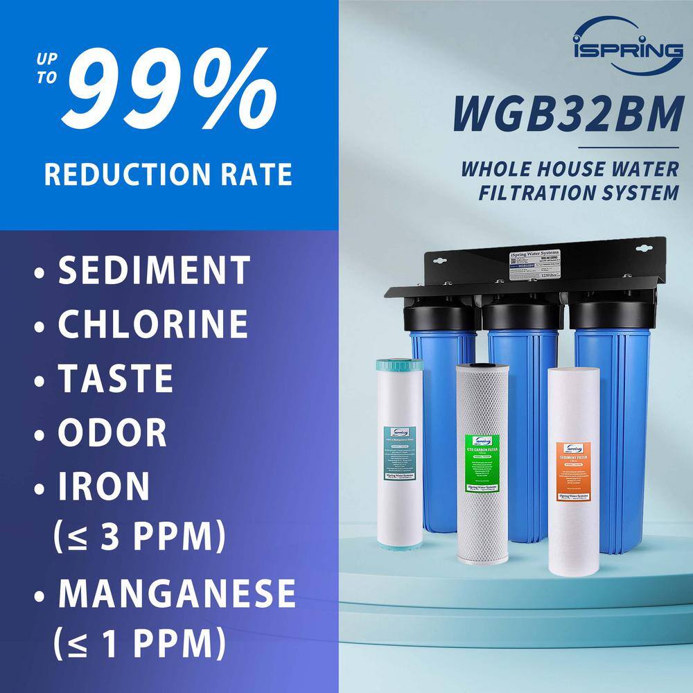 ISPRING WGB32BM 3-Stage Whole House Water Filtration System with Sediment. Carbon and Iron. Manganese Reducing Whole House Water Filters