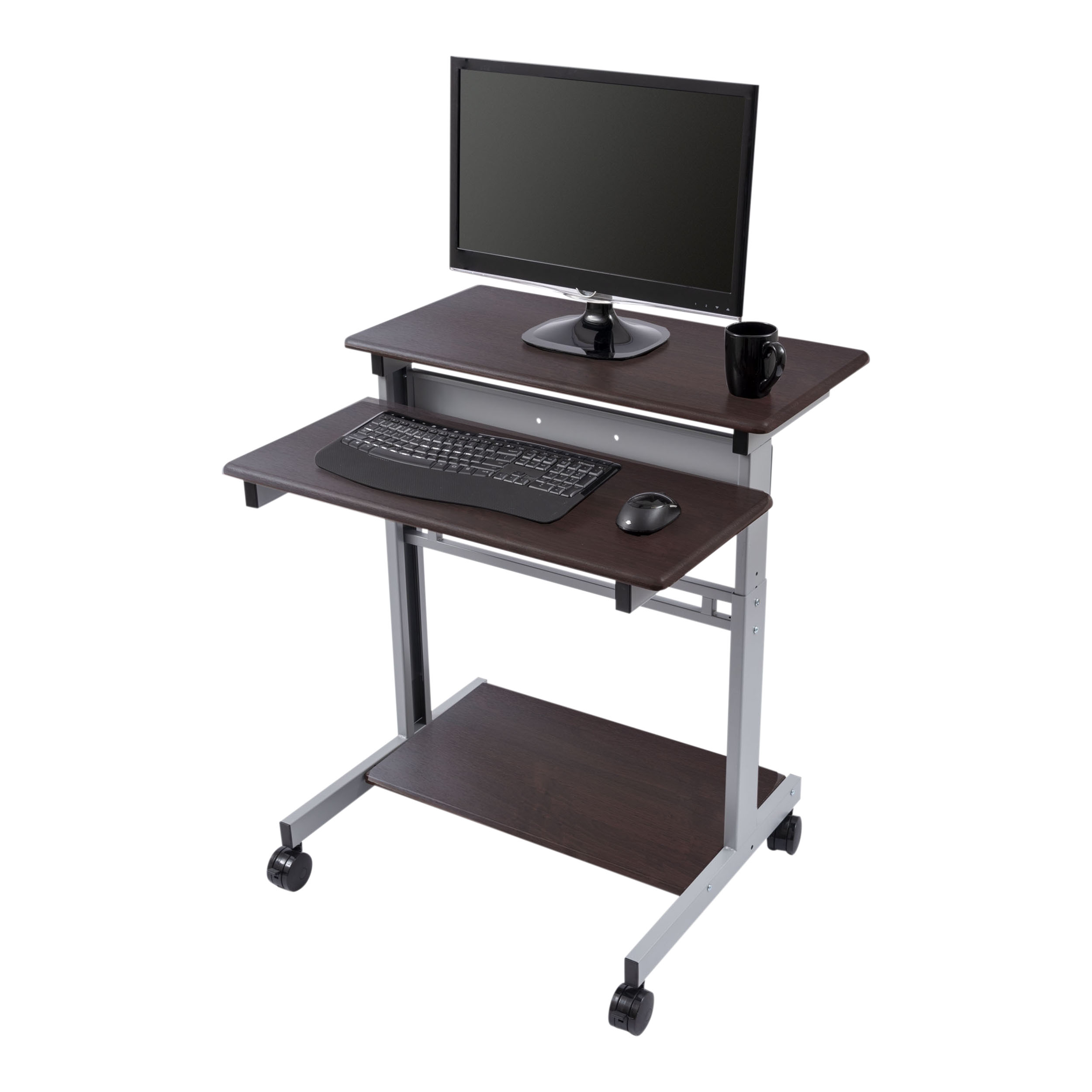 Stand Up Desk Store Rolling Adjustable Height Two Tier Standing Desk Computer Workstation (Silver Frame and Dark Walnut Top. 32″ Wide)