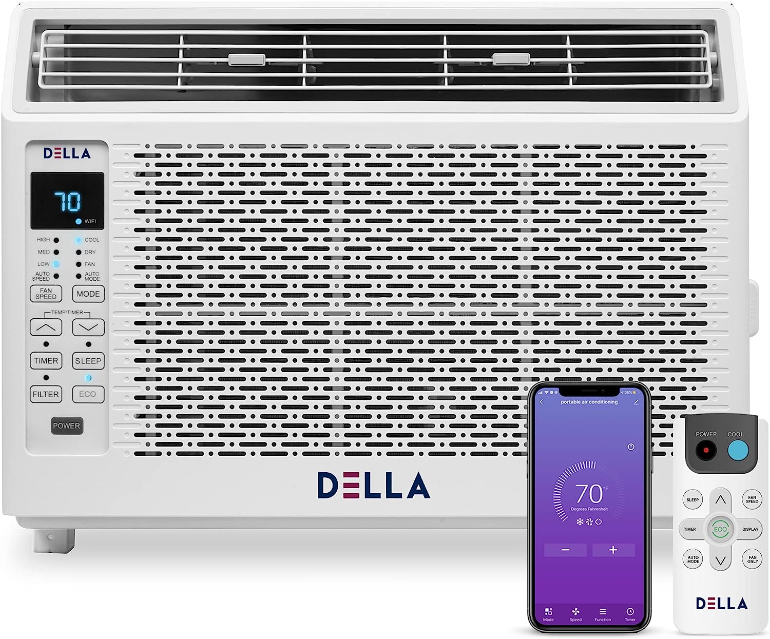 DELLA 6000 BTU 115V/60Hz Energy Saving Window Air Conditioner. Whisper Quiet AC Unit with WIFI Smart Controls. Remote. Dehumidifier. Fan. Cools Up to 250 Sq. Ft.