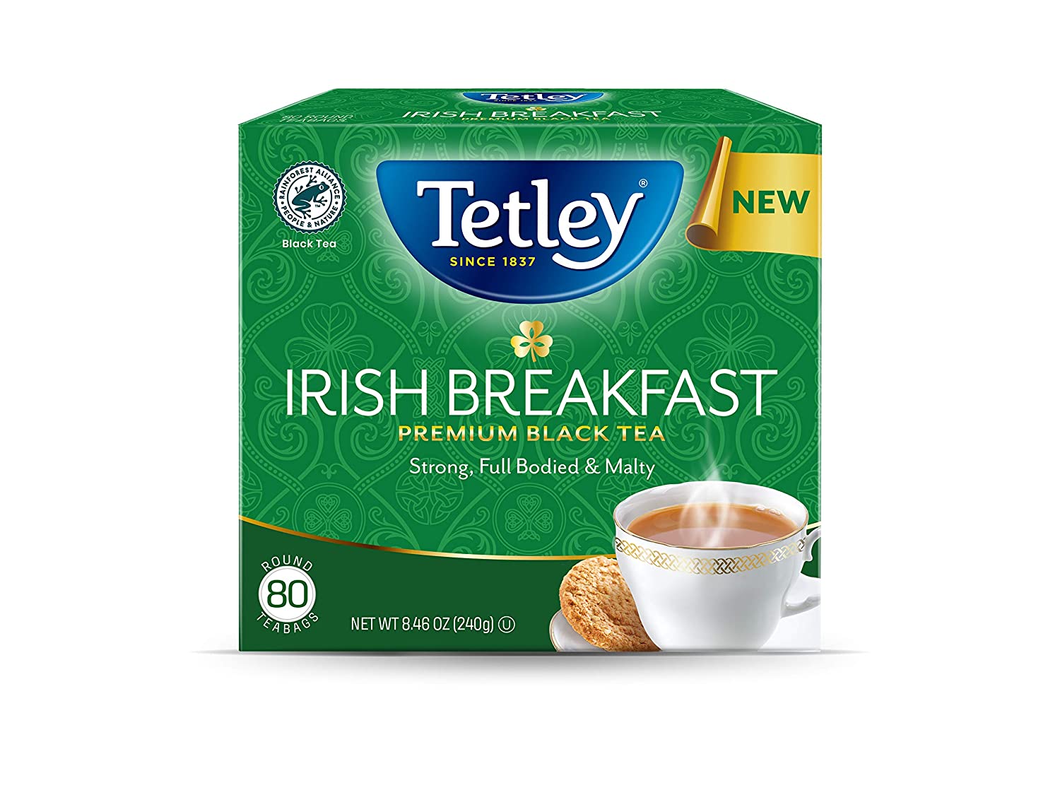 Tetley Irish Breakfast Premium Black Tea. Rainforest Alliance Certified. 80 Count. Pack of 6
