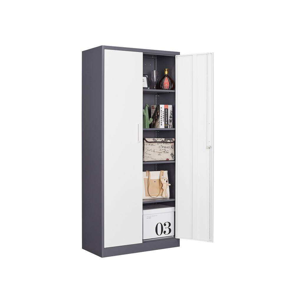 Mlezan DBXG2022122GW Metal Storage Cabinet 15.74″D x 31.5″W x 71″H in Gray White cabinet with 4 shelves and 2 doors.