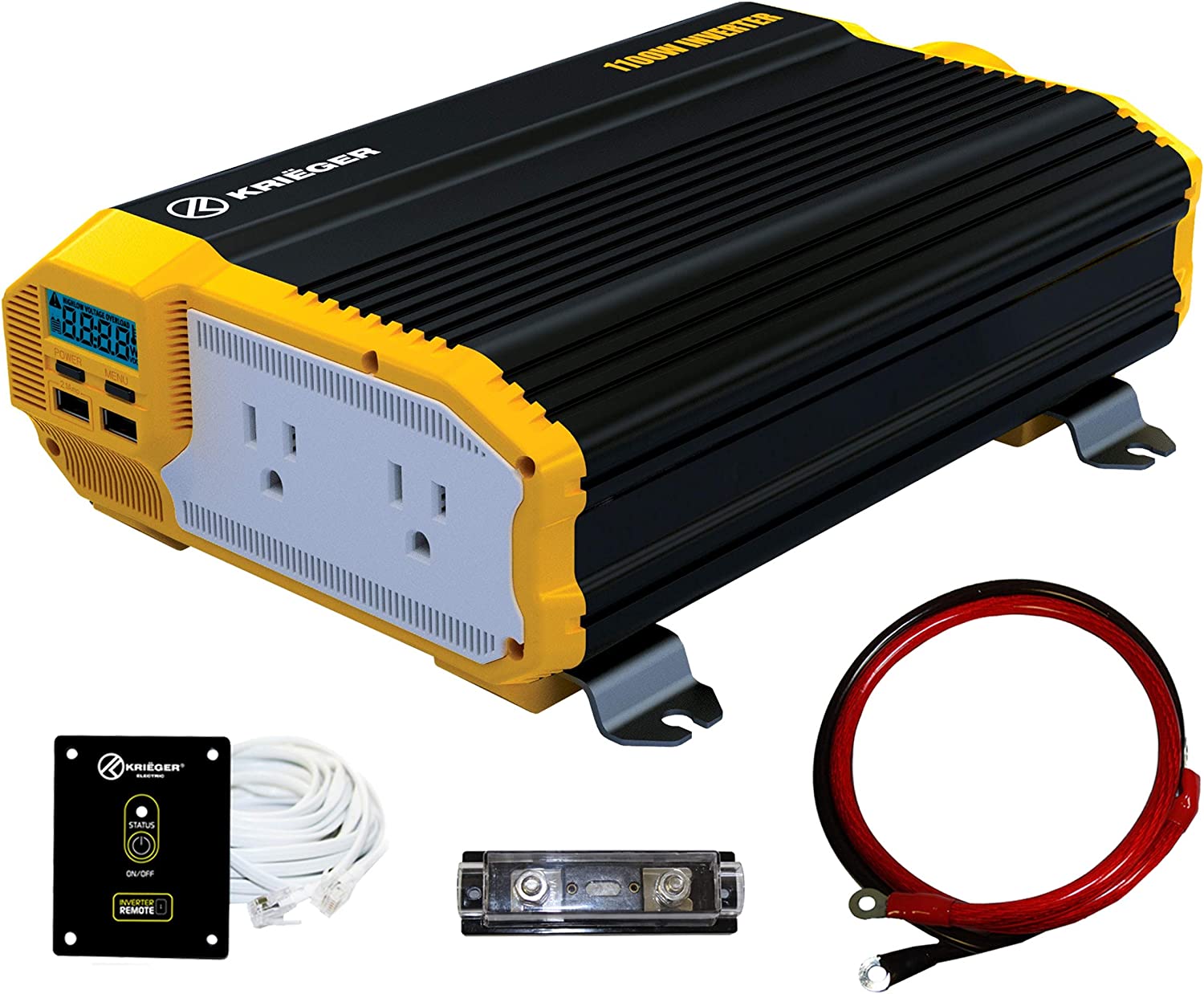 Krieger 1100 Watt 12V Power Inverter Dual 110V AC Outlets. Installation Kit Included. Automotive Back Up Power Supply For Blenders. Vacuums. Power Tools - ETL Approved Under UL STD 458
