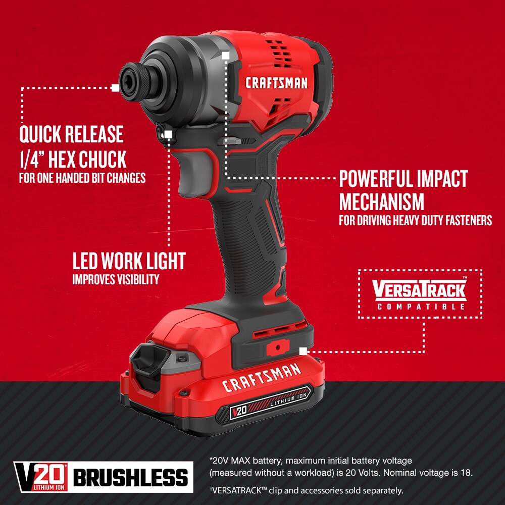 CRAFTSMAN V20 20-volt Max Variable Speed Brushless Cordless Impact Driver (1-Battery Included)