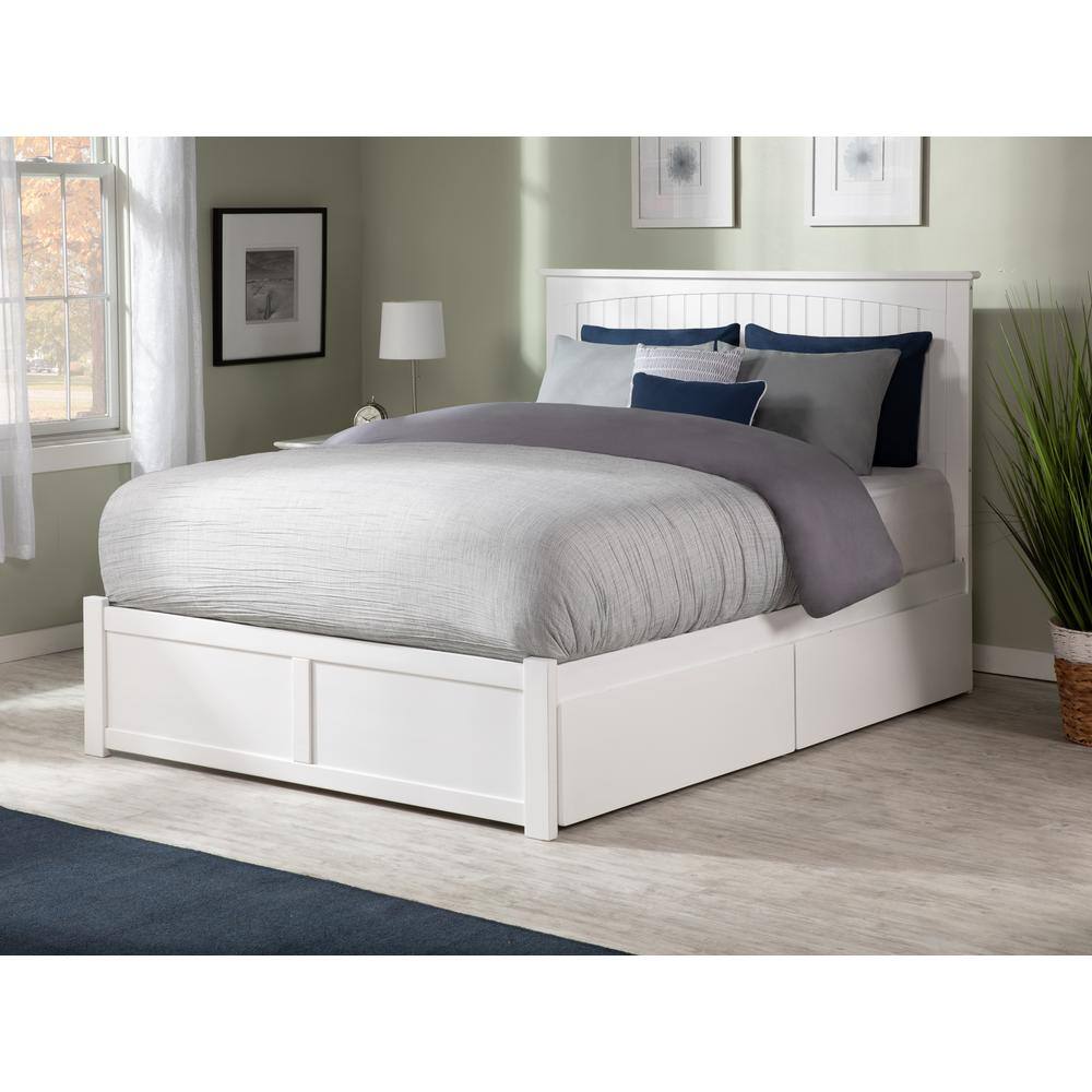 AFI  Nantucket White Full Solid Wood Storage Platform Bed with Flat Panel Foot Board and 2 Bed Drawers