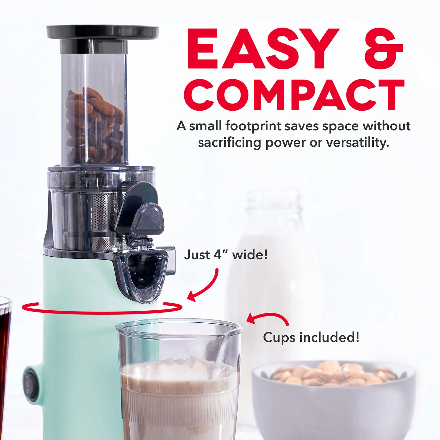 DASH Deluxe Compact Masticating Slow Juicer. Easy to Clean Cold Press Juicer with Brush. Pulp Measuring Cup. Frozen Attachment and Juice Recipe Guide - Aqua