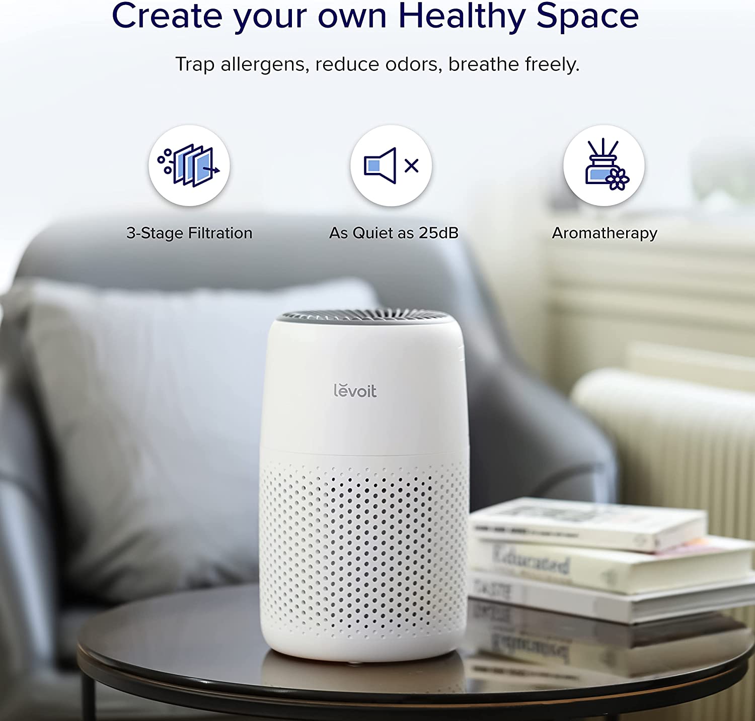 LEVOIT Air Purifiers for Bedroom Home. HEPA Filter Cleaner with Fragrance Sponge for Better Sleep. Filters Smoke. Allergies. Pet Dander. Odor. Dust. Office. Desktop. Portable. Core Mini. White