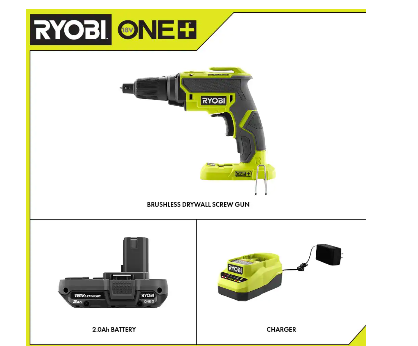 RYOBI P225-PSK005 ONE+ 18V Brushless Cordless Drywall Screw Gun with 2.0 Ah Battery and Charger