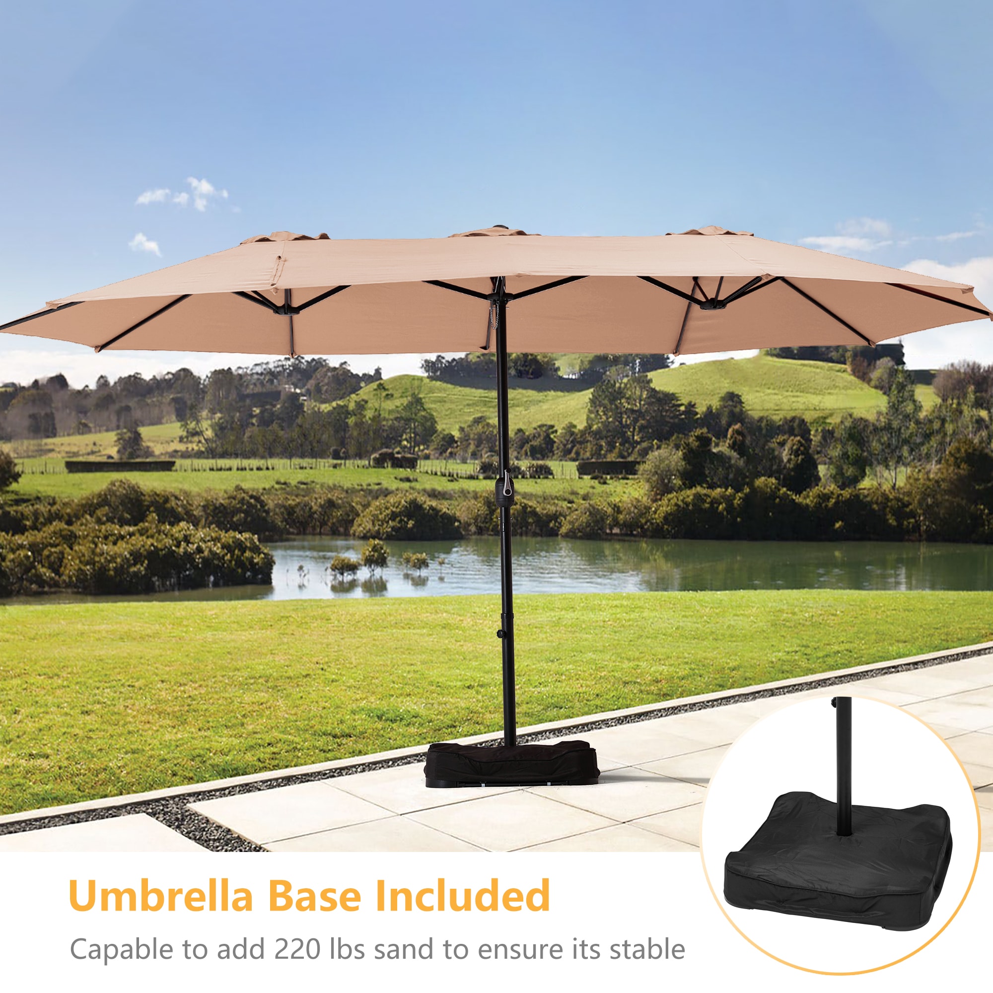 Clihome 15-ft Beige No-tilt Market Patio Umbrella with Base