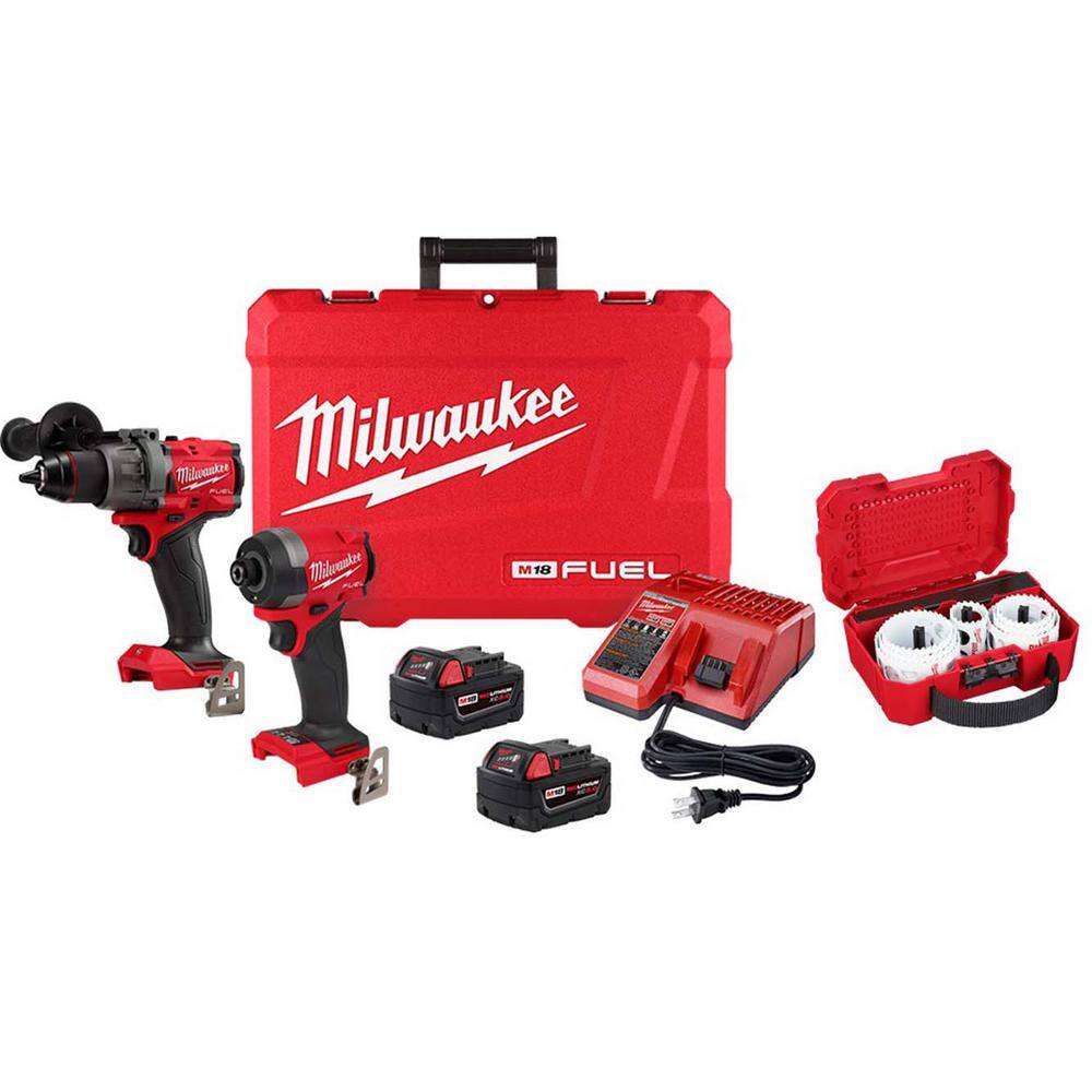 Milwaukee 3697-22-49-22-4020 M18 FUEL 18-V Li-Ion Brushless Cordless Hammer Drill/Impact Driver Combo Kit (2-Tool) w/Bi-Metal Hole Saw Set (11-Piece)
