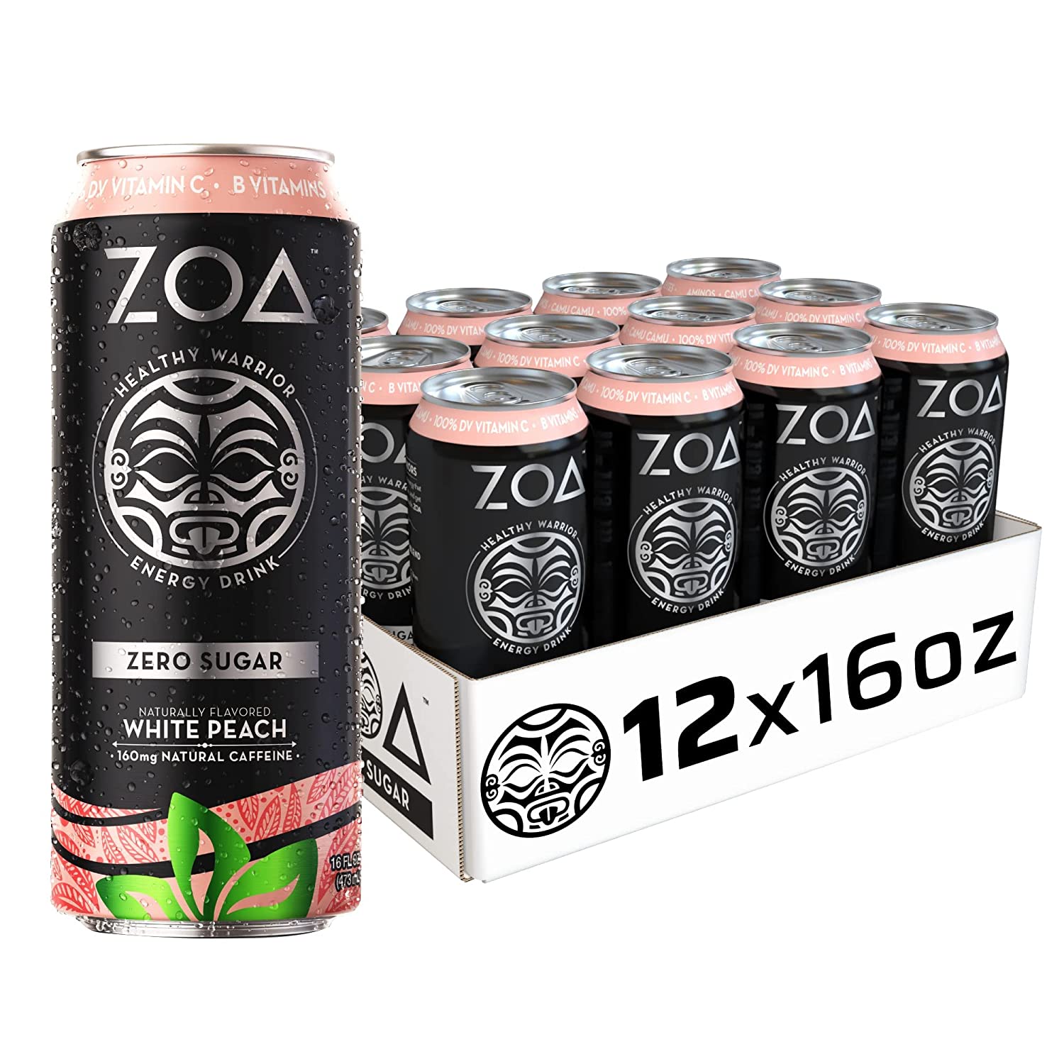 ZOA Zero Sugar Healthy. Positive Energy Drink. White Peach. 16 fl. oz. (12 Pack)