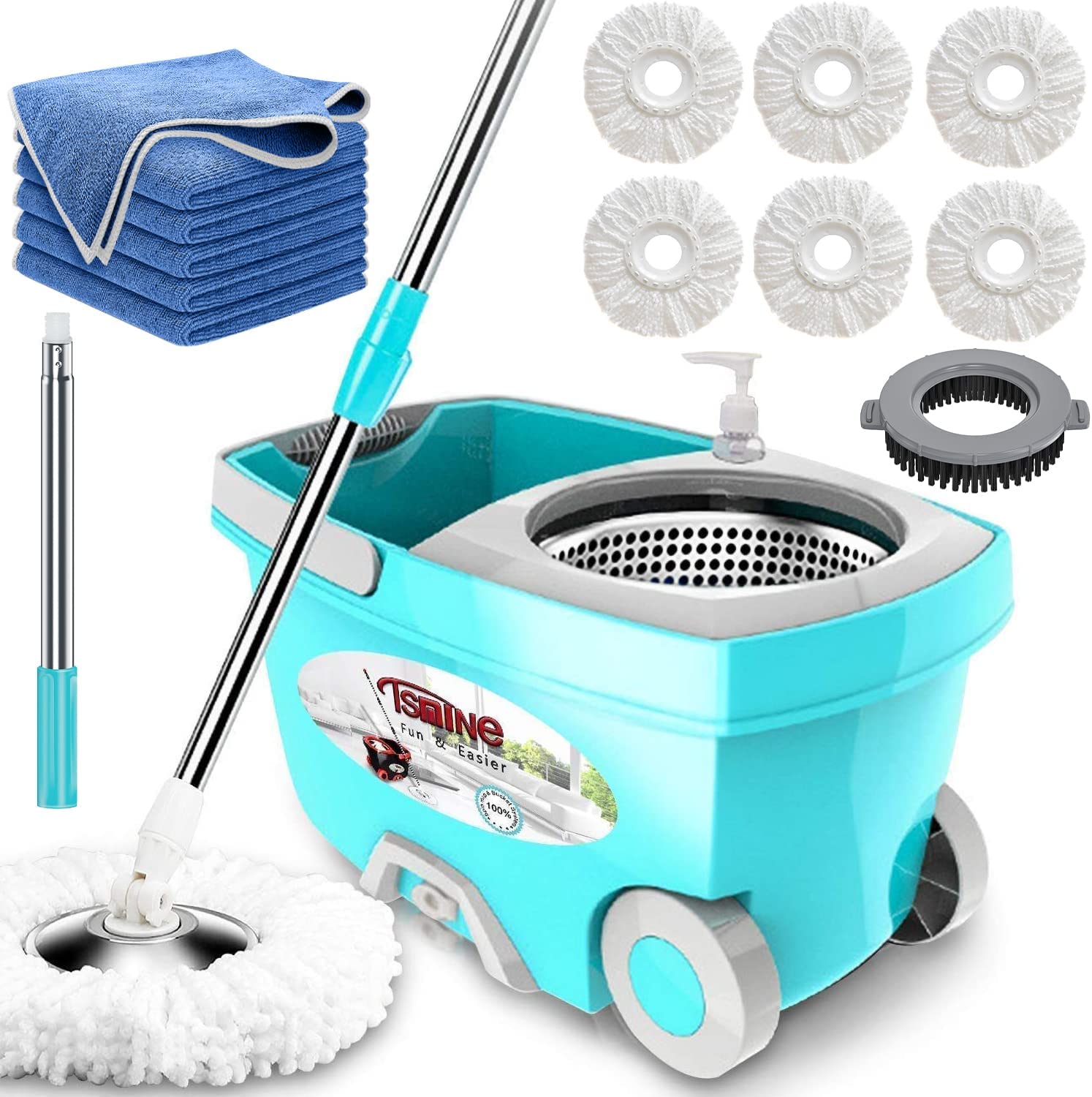 Tsmine Spin Mop Bucket System Stainless Steel Deluxe 360 Spinning Mop Bucket Floor Cleaning System with 6 Microfiber Replacement Head Refills.61″Extended Handle. 2x Wheel for Home Cleaning - MINT
