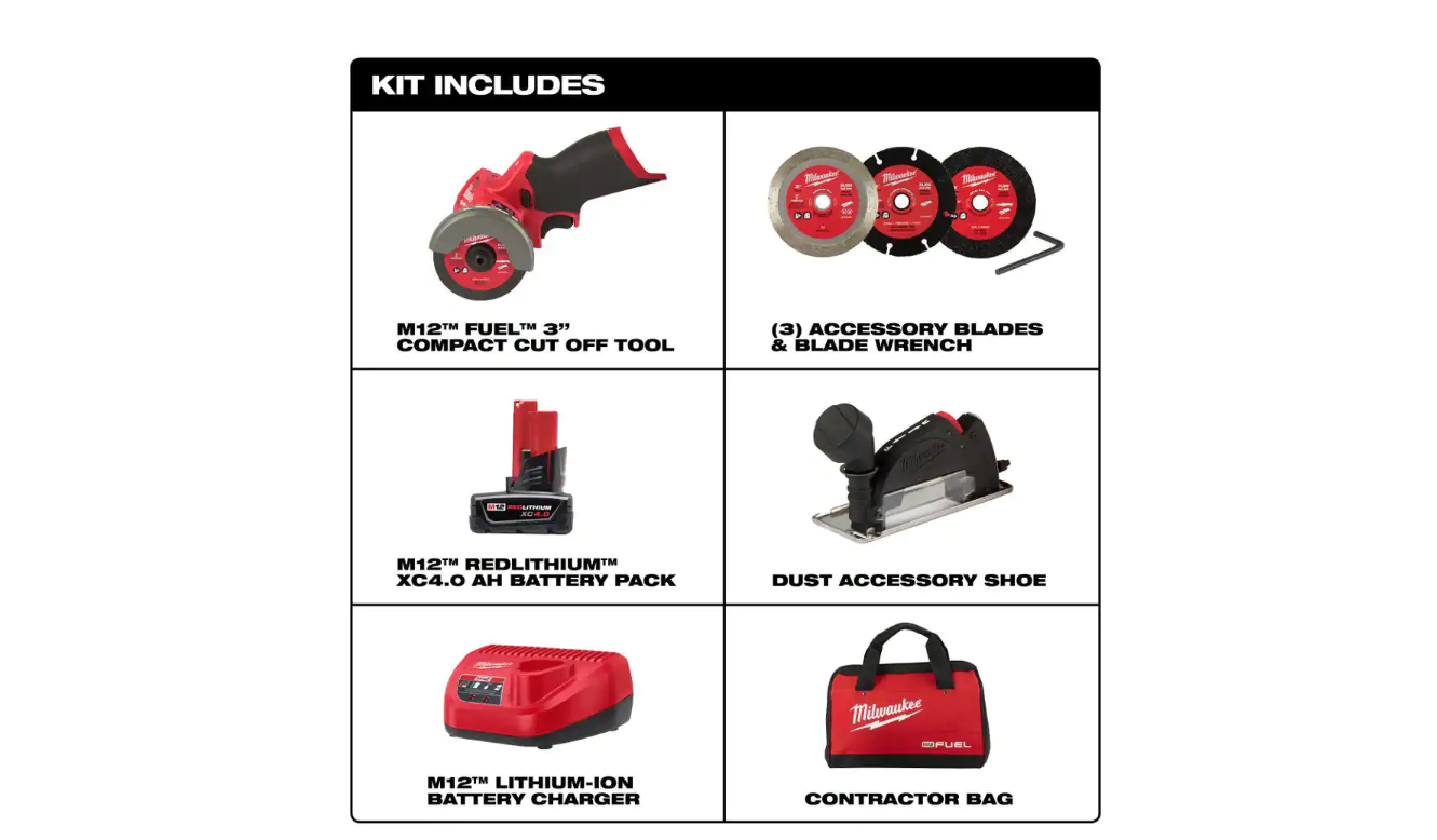 Milwaukee 2522-21XC M12 FUEL 12-Volt 3 in. Lithium-Ion Brushless Cordless Cut Off Saw Kit with One 4.0 Ah Battery Charger and Bag
