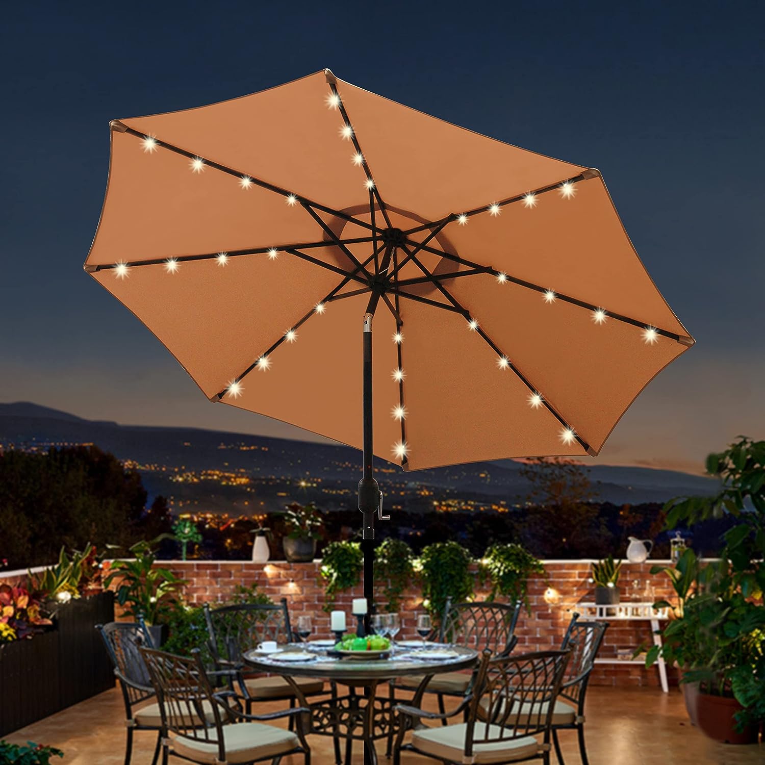 Blissun 9 ft Solar Umbrella. 32 LED Lighted Patio Umbrella. Table Market Umbrella. Outdoor Umbrella for Garden. Deck. Backyard. Pool and Beach (Tan)