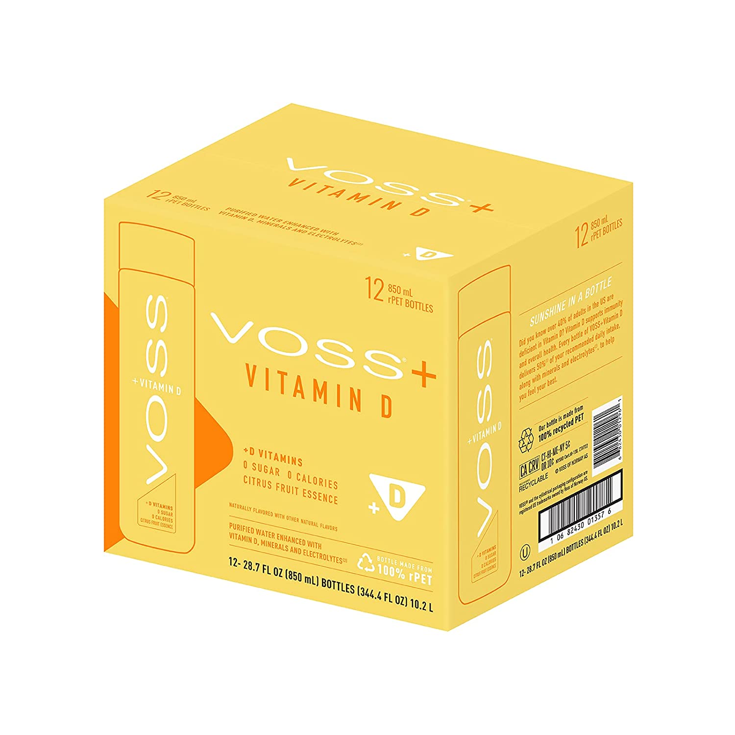 VOSS. Water With Vitamin D & Electrolytes. rPET Plastic Bottles. 850 ml. 12 Count