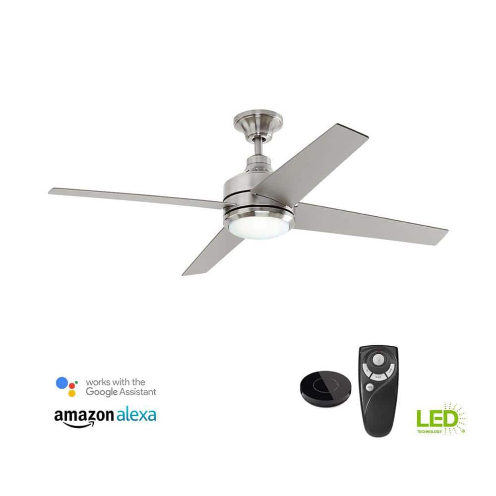 Home Decorators Collection 54725-BOND Mercer 52 in. Integrated LED Indoor Brushed Nickel Ceiling Fan with Light Kit works with Google Assistant and Alexa