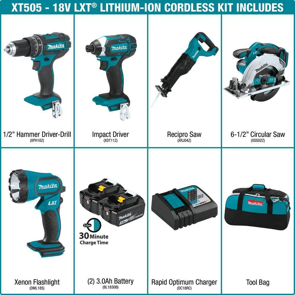 Makita XT505 18V LXT Lithium-Ion Cordless Combo Kit (5-Tool) with (2) 3.0 Ah Batteries. Rapid Charger and Tool Bag