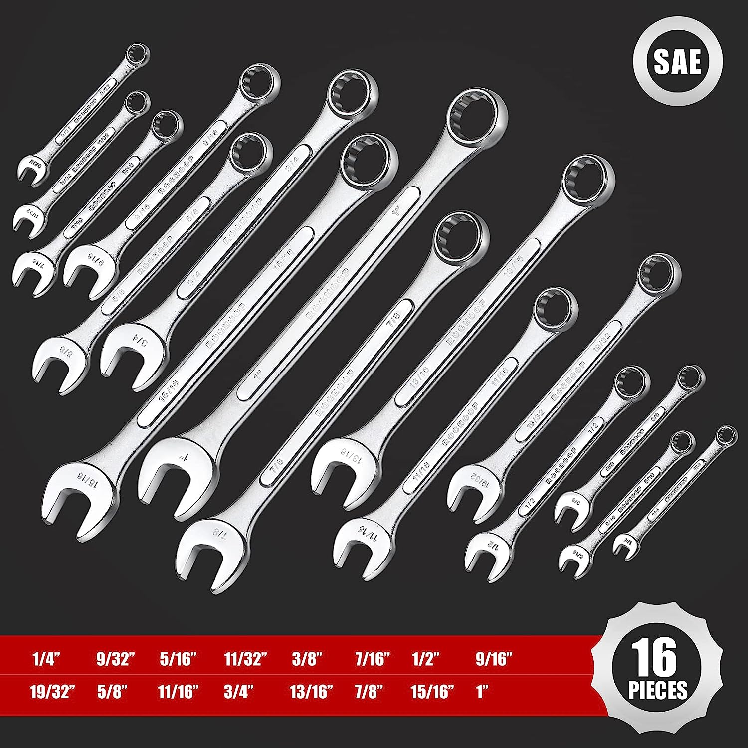 ROCHOOF Combination Wrench Set.16-Piece SAE Wrench Set 12-Point Chrome Vanadium Steel Wrenches 1/4″-1″ with Rolling Pouch