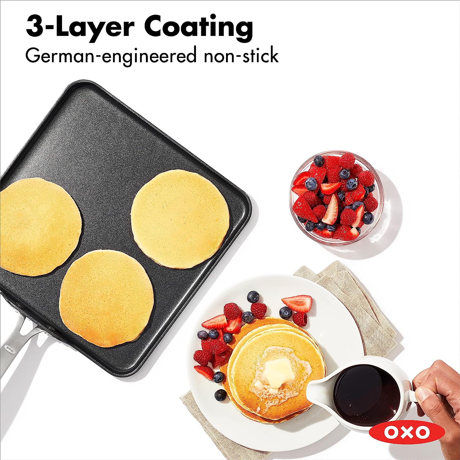 OXO Good Grips Pro 11″ Griddle Pan. 3-Layered German Engineered Nonstick Coating. Dishwasher Safe. Oven Safe. Stainless Steel Handle. Black