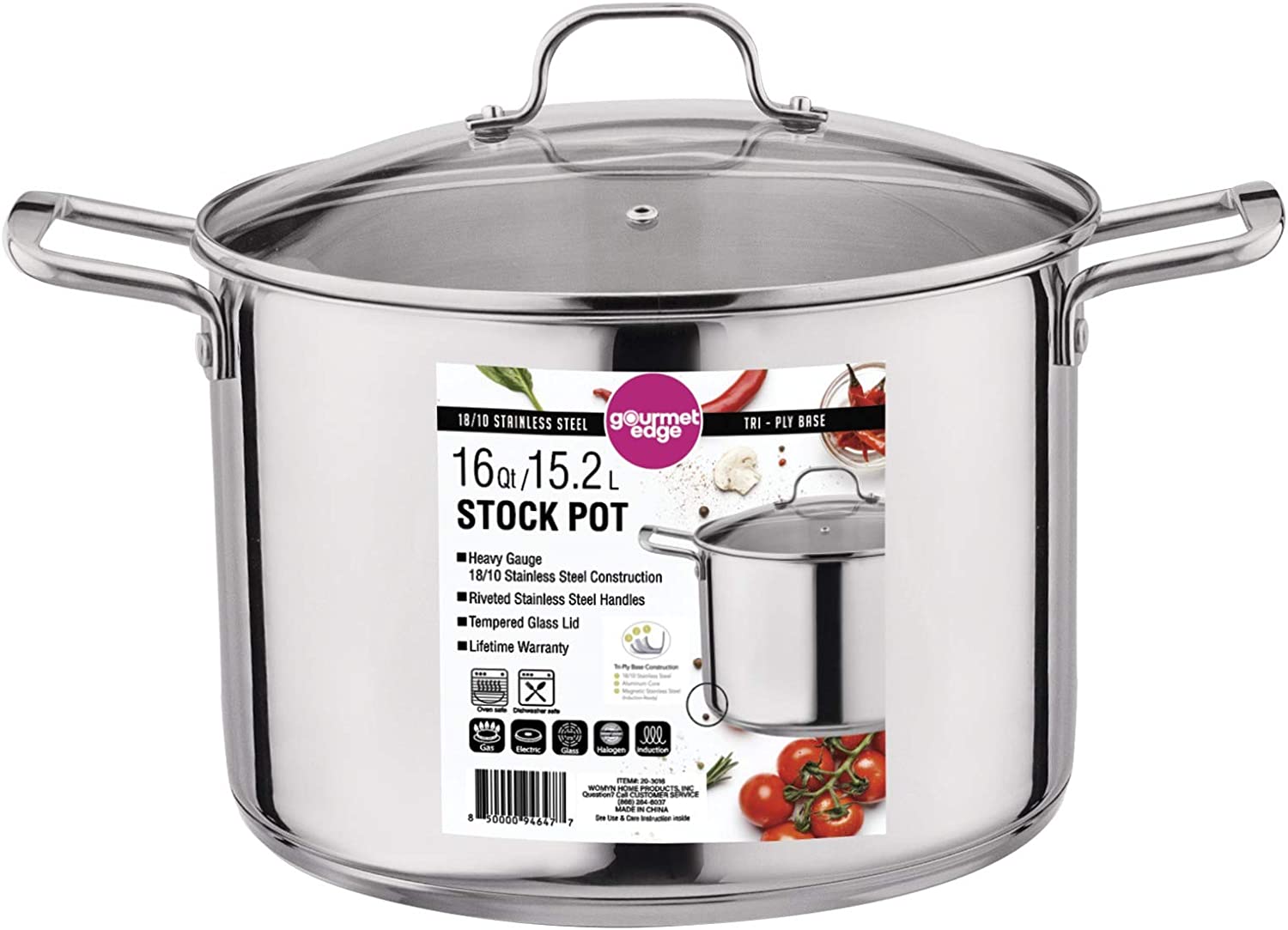 Gourmet Edge 16-Quart Stock Pot - Stainless Steel Soup Pots with Lid as Dishwasher and Oven Safe Cookware. Silver