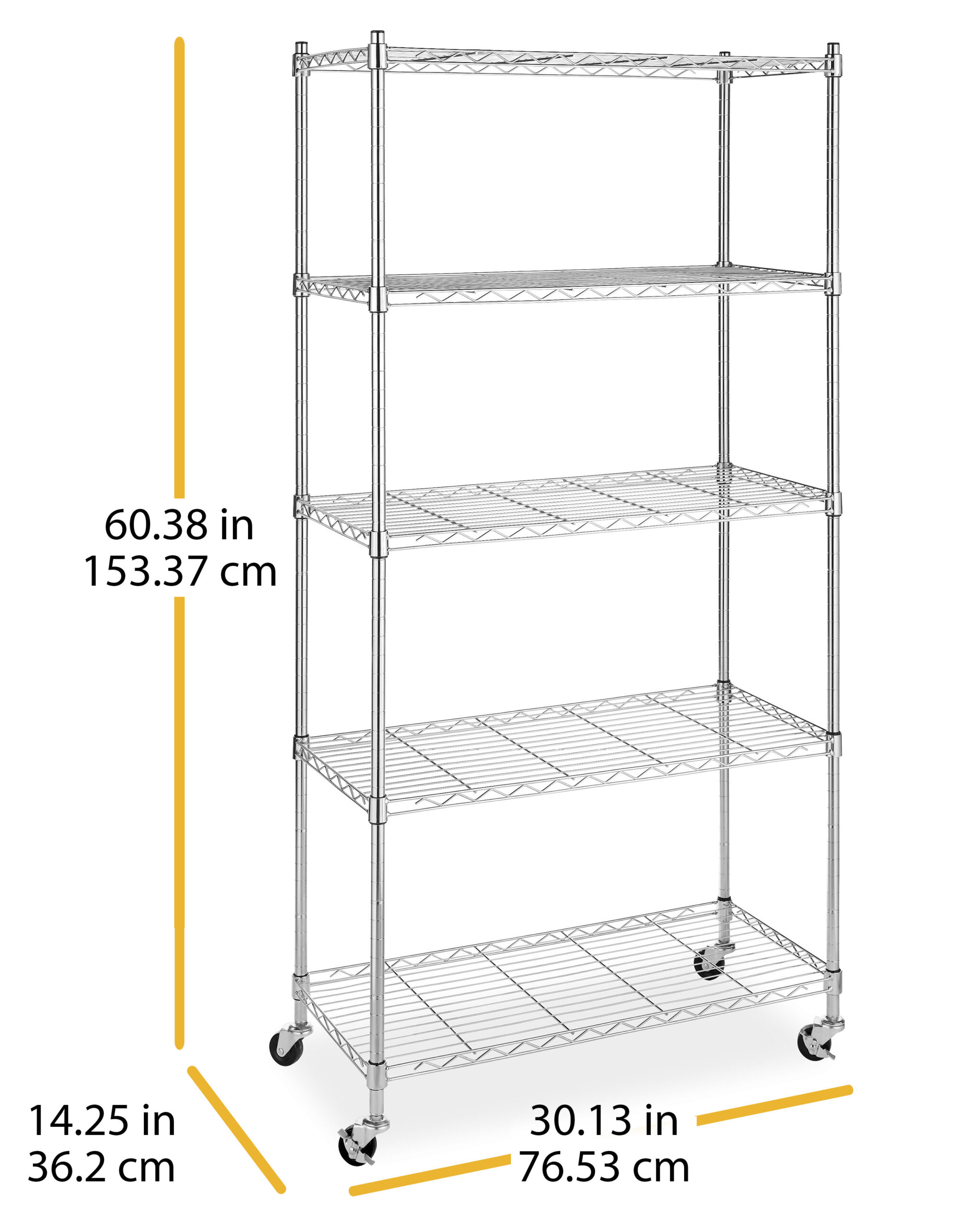 Whitmor Supreme 5-Tier Cart - Rolling Utility Organizer - Chrome - 14.25″ x 30.125″ x 60.375″